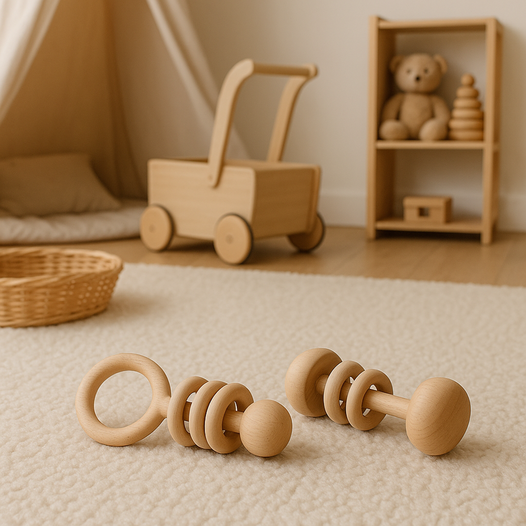 Set mit 2 Holzrasseln für Kinder