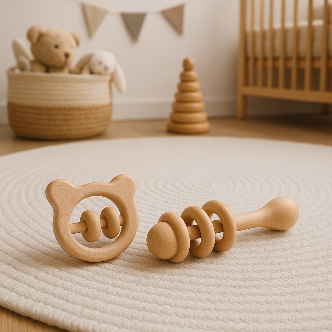 Set mit 2 Holzrasseln für Kinder