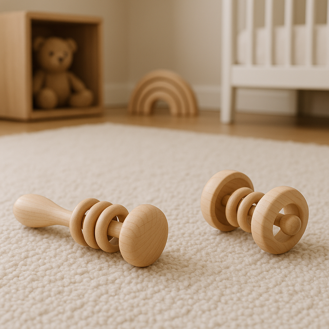 Set mit 2 Holzrasseln für Kinder