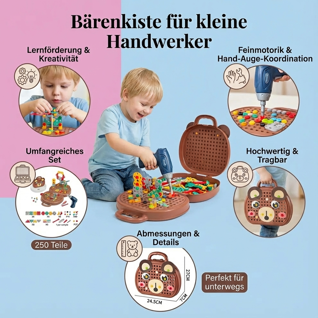 Creative Bear Box | Crafting Kit for Kids with Battery-Operated Screwdriver | Portable Storage for Imaginative Play 5