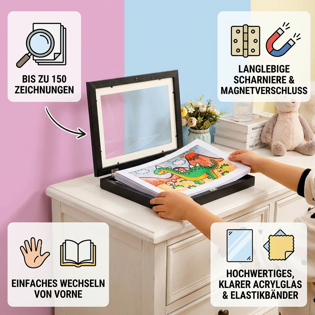 Creative Display | Picture Frame for 150 Drawings with Easy Change Mechanism | Modern Wall Art Organizer for Kids' Artwork 3
