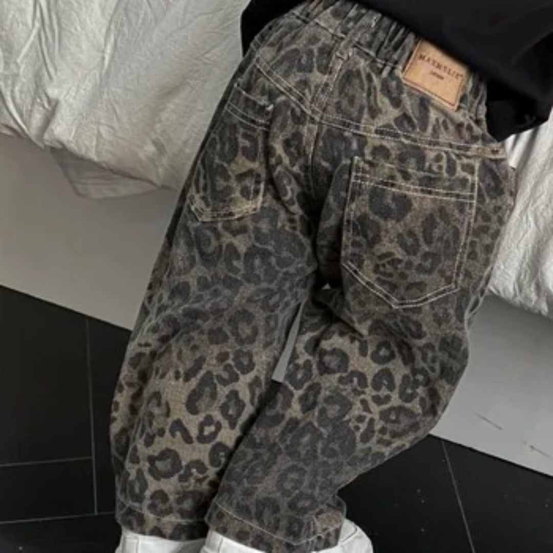 Mädchen Schwarze Denim-Jeans mit Leopardenmuster