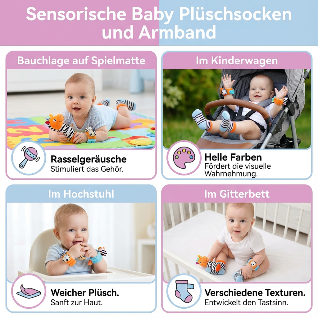 Sensory Plush | Baby Socks & Bracelet Set with Rattles | Colorful Design for Cognitive Development 5